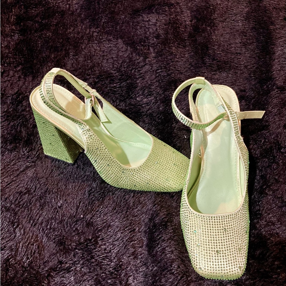 Forever 21 Green Rhinestone Block Heels